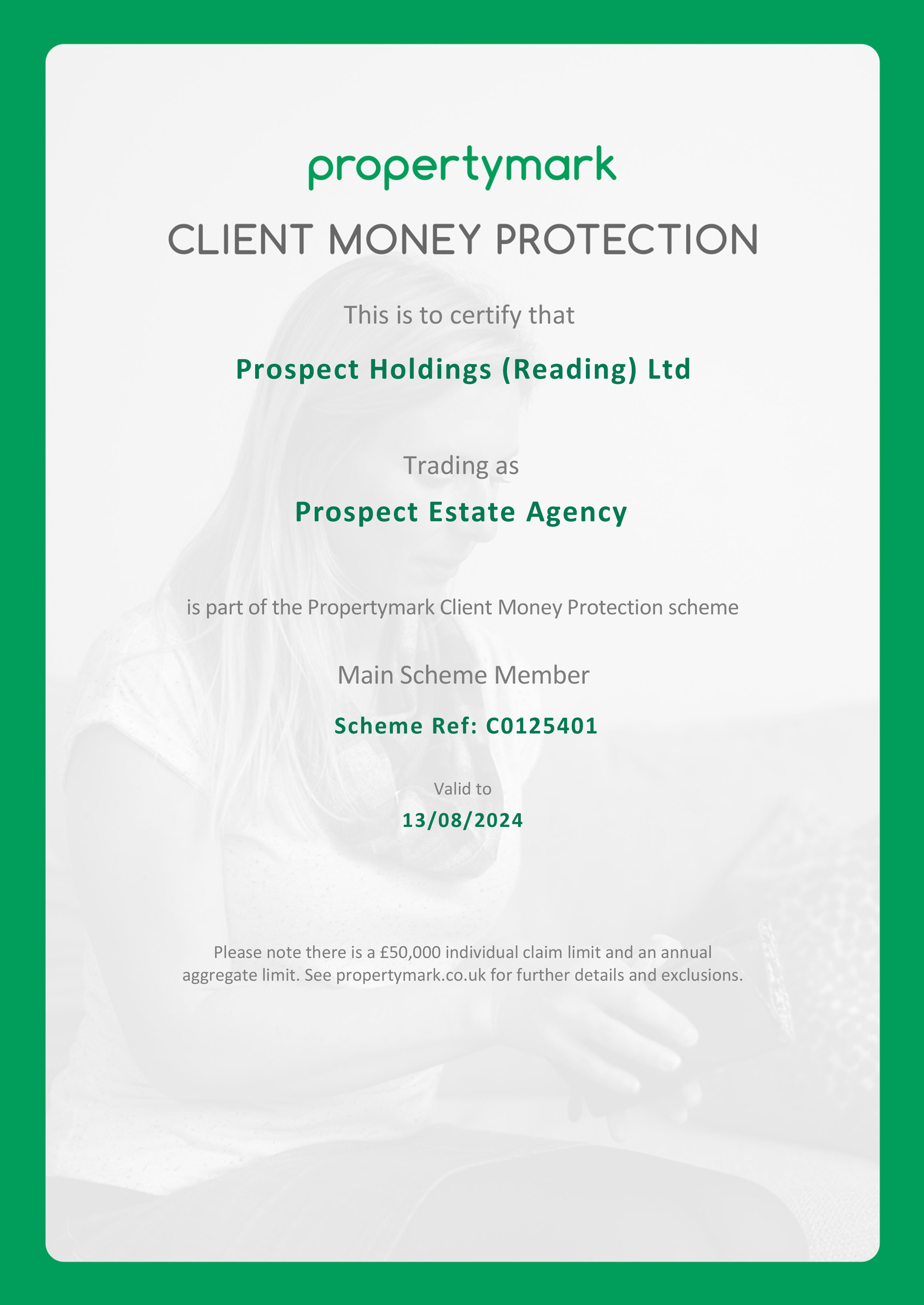 Prospect Estate Agency's Client Money Protection certificate