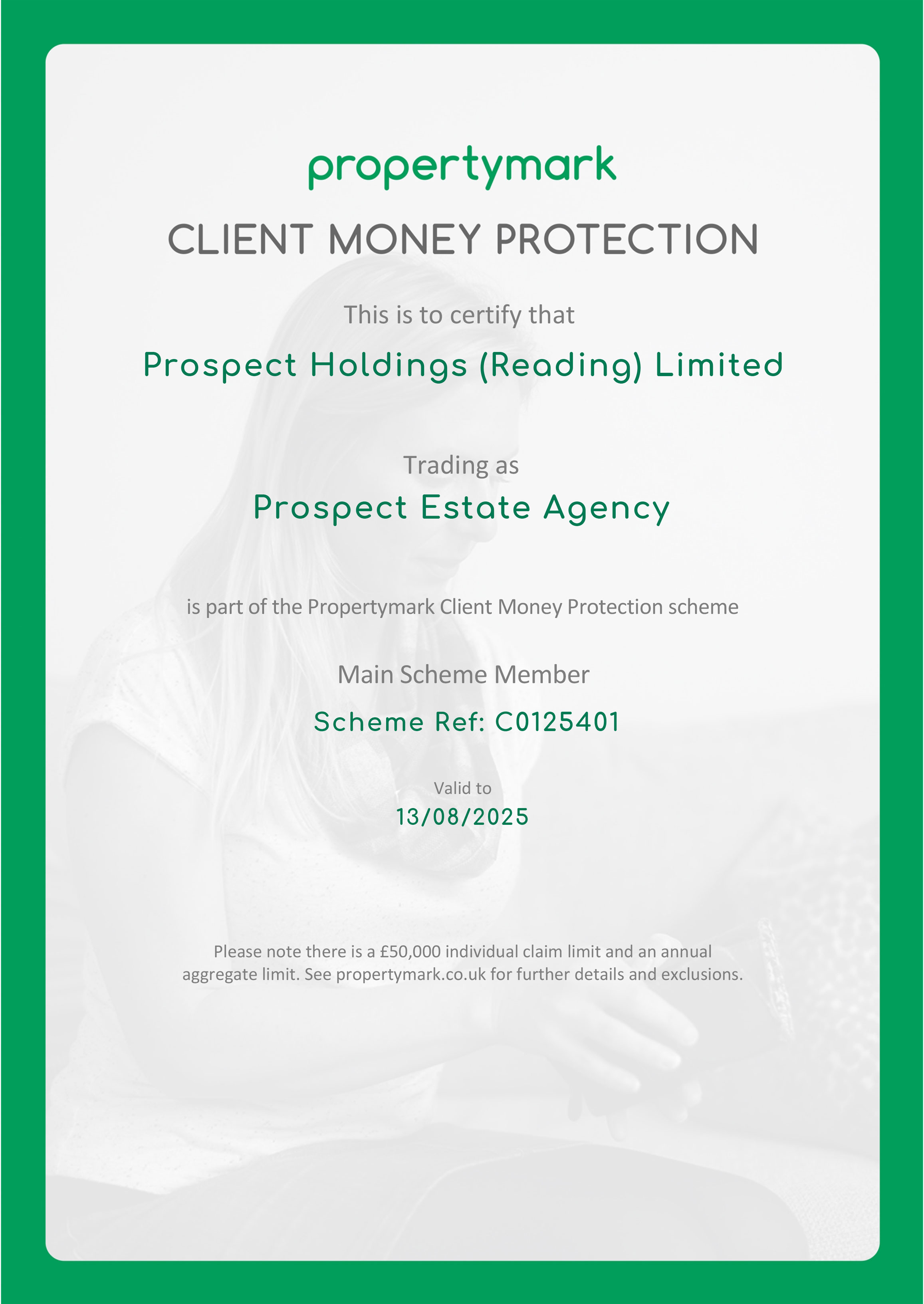 Prospect Estate Agency's Client Money Protection certificate